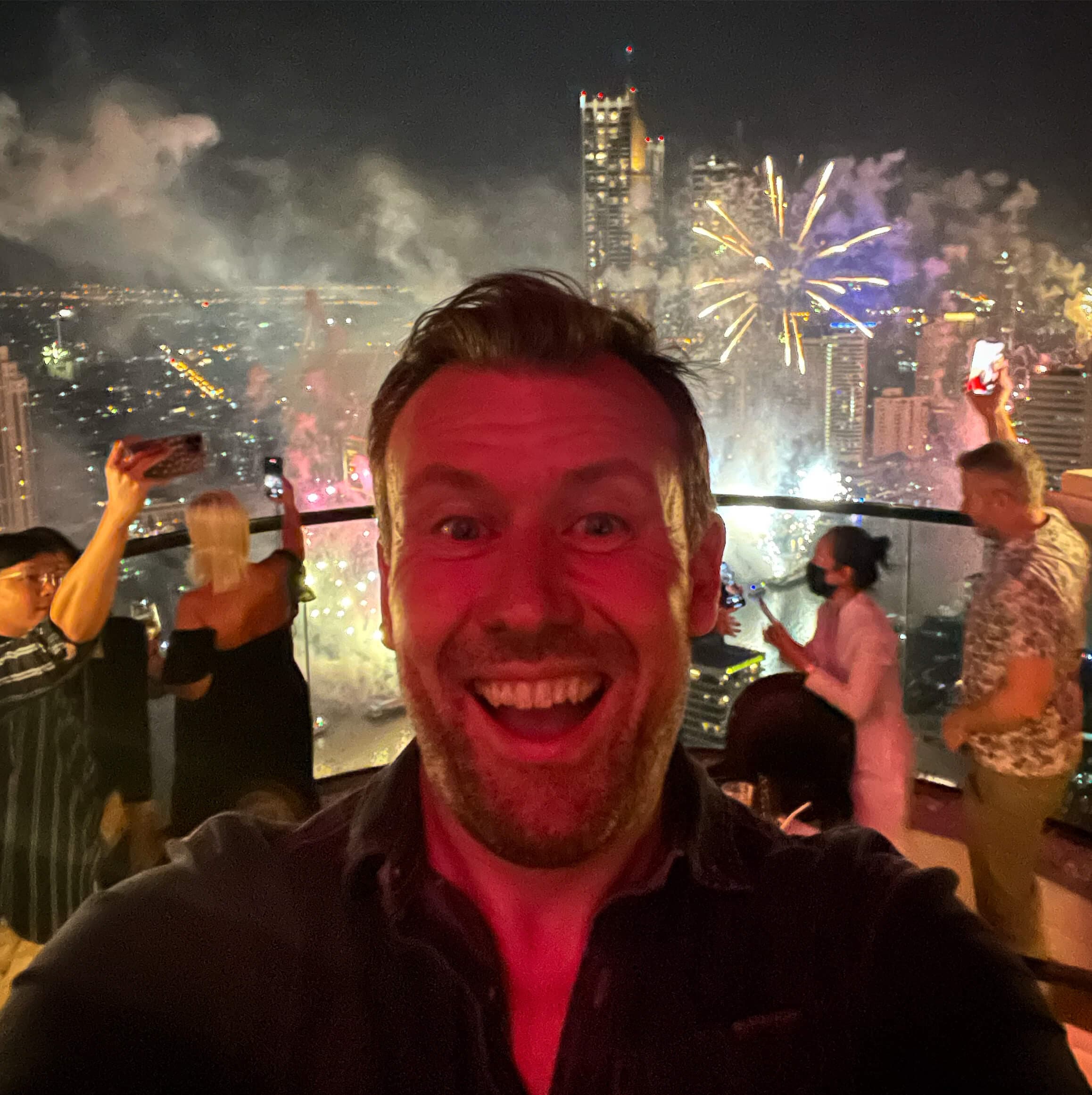 Festive New Year's Eve celebration in Bangkok with the city's dazzling lights and energetic atmosphere of Thailand's capital during holiday festivities