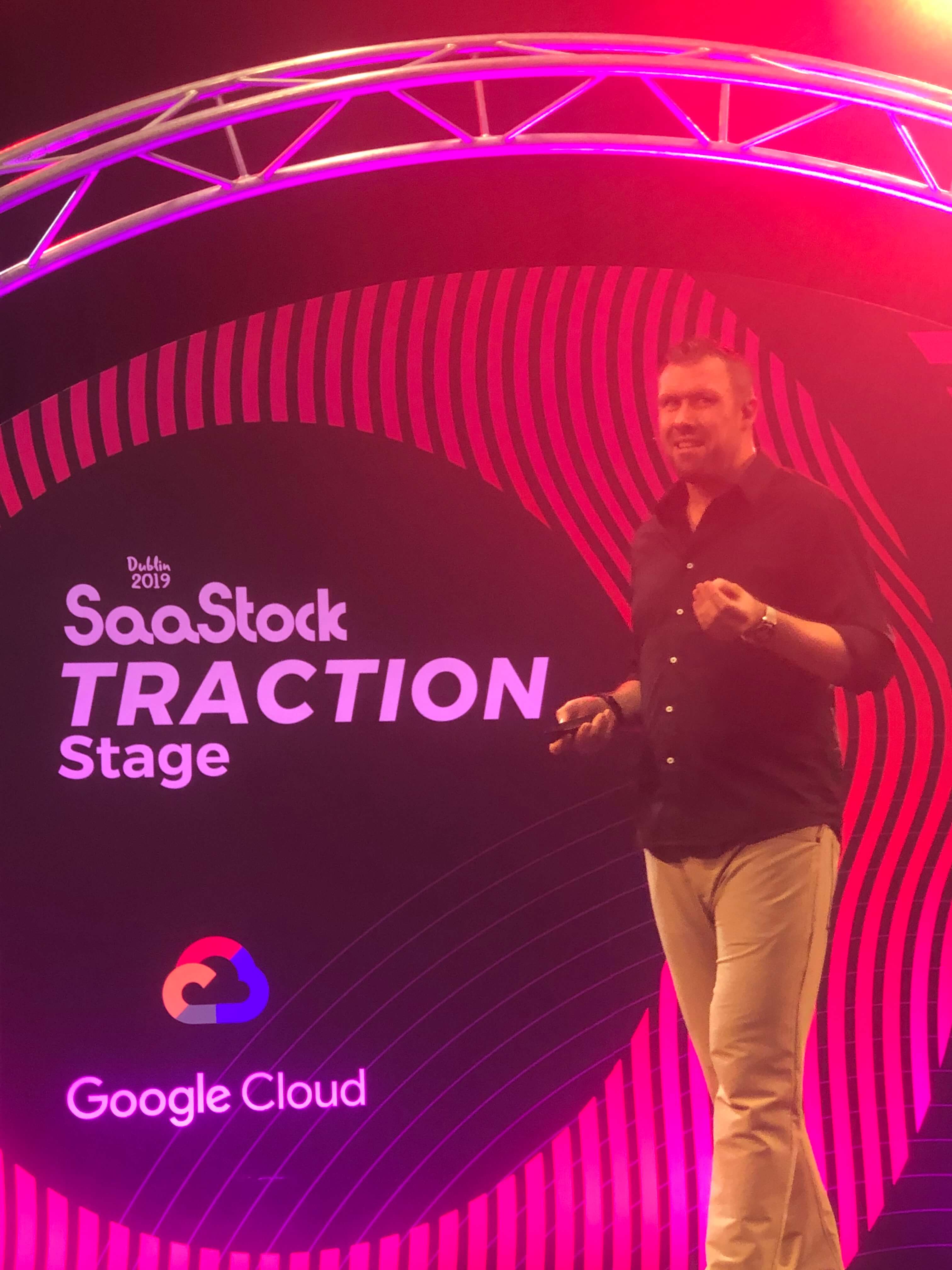 Professional photo at SaaStock conference, Europe's leading SaaS event, demonstrating engagement with the software-as-a-service industry and startup ecosystem